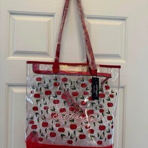 Ed Hardy Clear Tote with Red Cherry Print and Red Trim